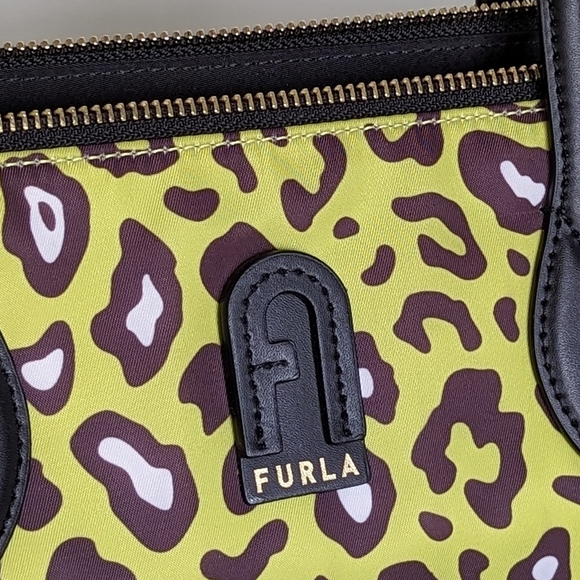 Furla Calipso Tote XL Nylon Leather Top Zip Toni Avocado Green Animal Print NWOT - Picture 4 of 16